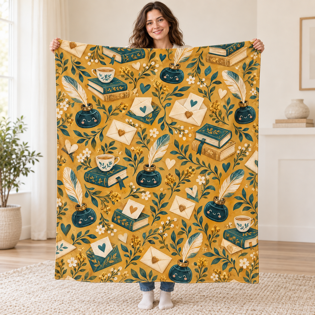 The Happy Inkpot blanket, held open