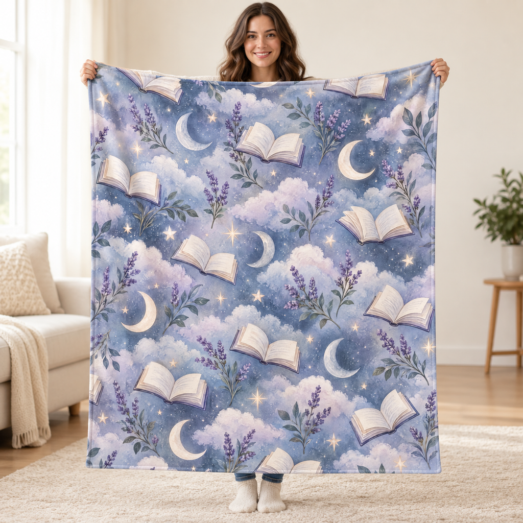 Lavender Moon Pages blanket, held open