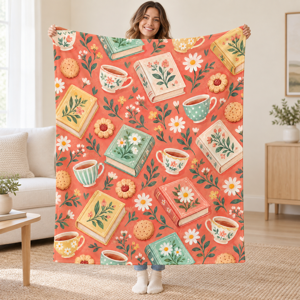 Biscuit Book Club blanket, held open