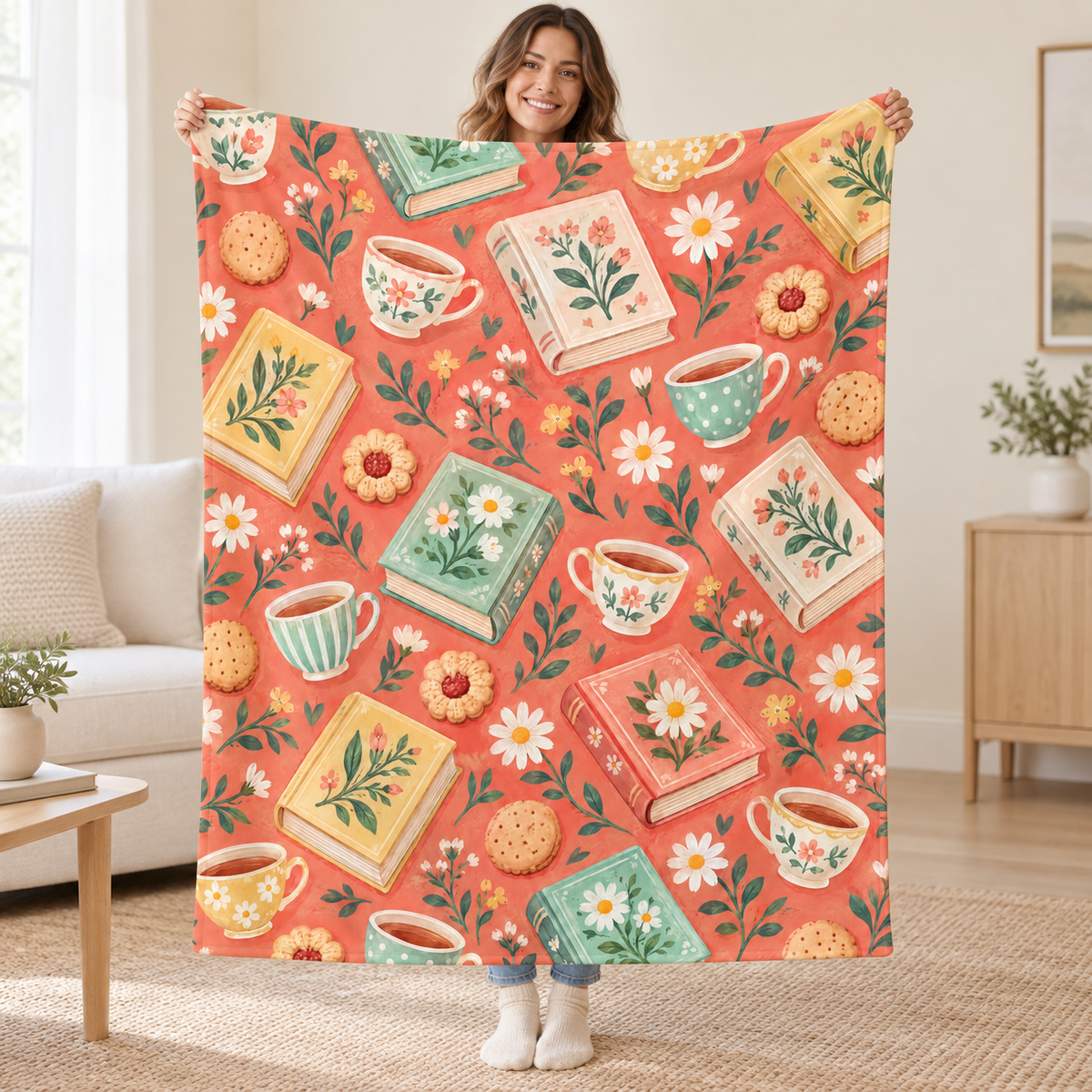 Biscuit Book Club blanket, held open