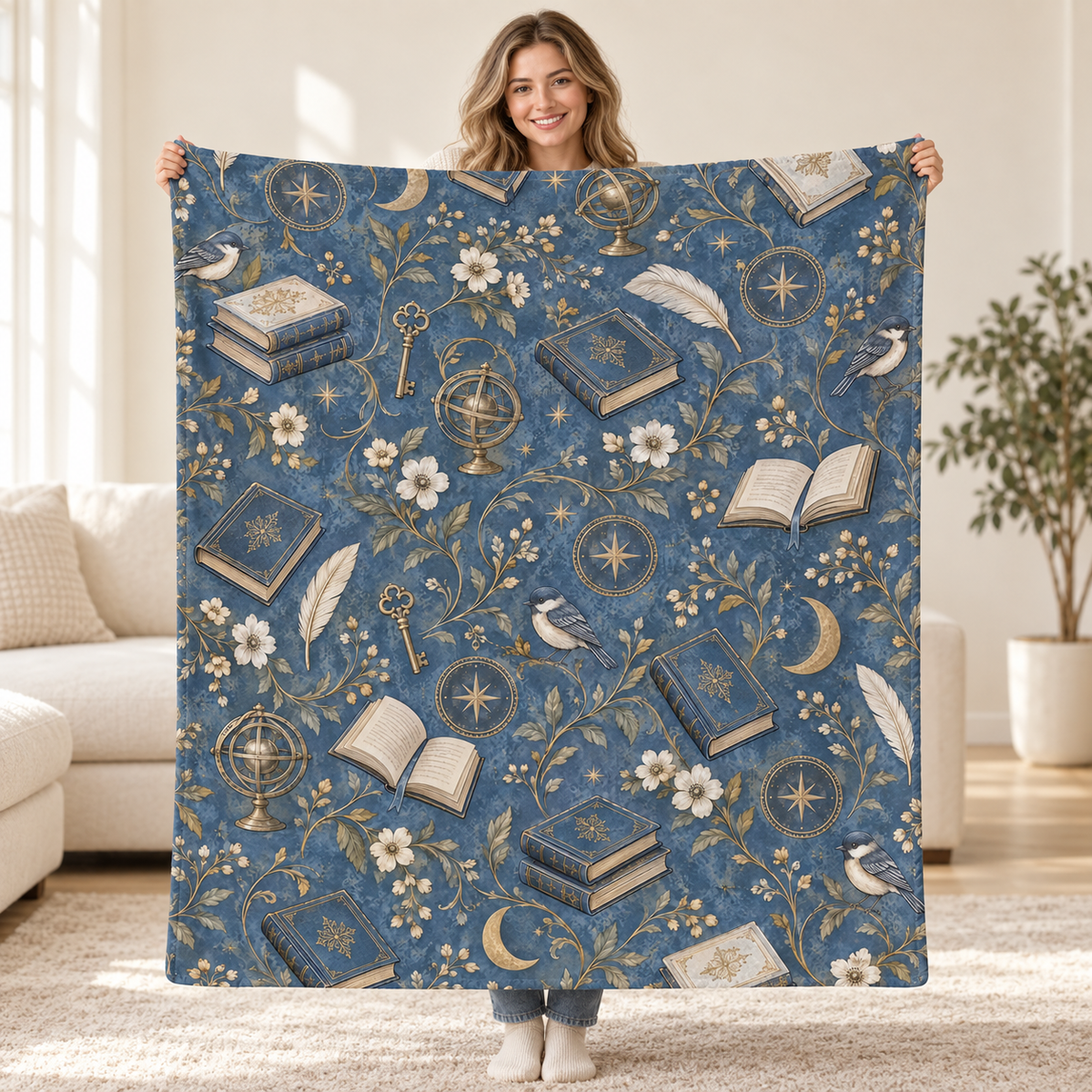 Blue Bindery Tiles blanket, held open