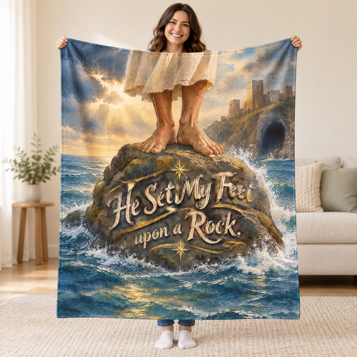 He Set My Feet upon a Rock. blanket, held open