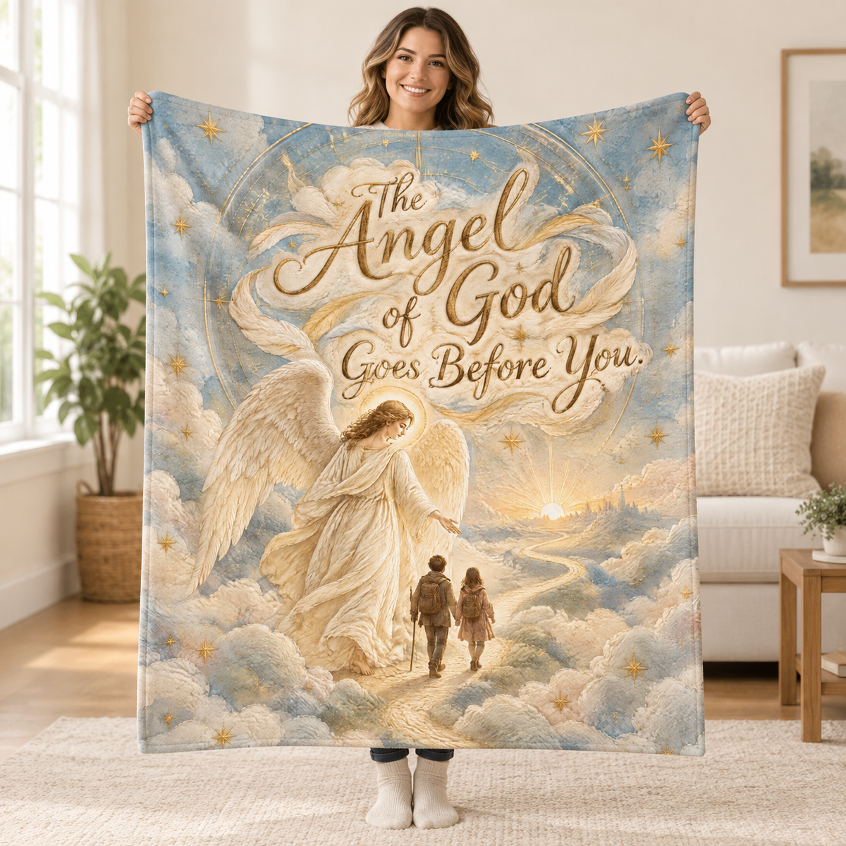 The Angel of God Goes Before You. blanket, held open