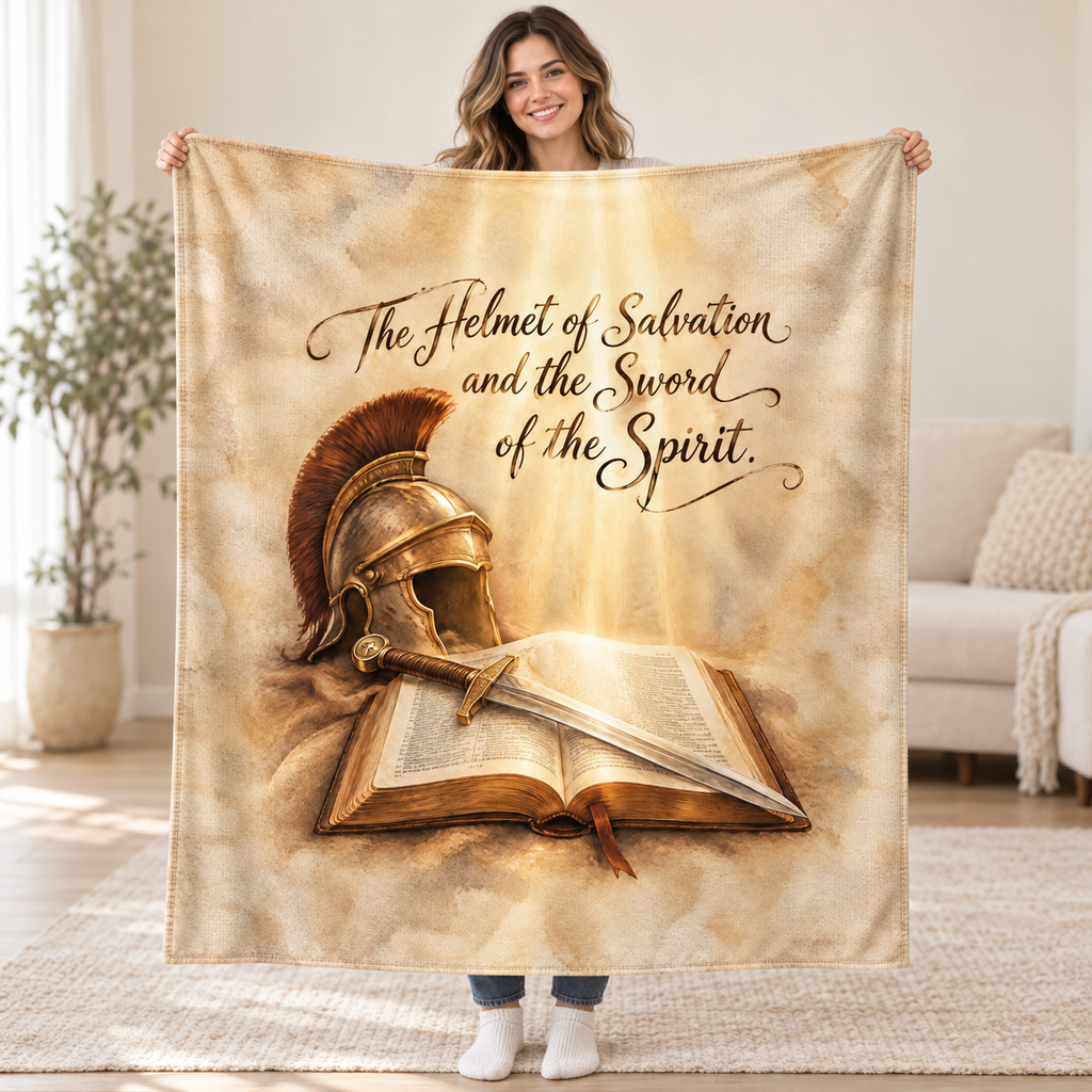 The Helmet of Salvation and the Sword of the Spirit. blanket, held open