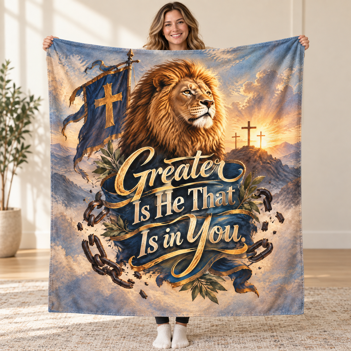Greater Is He That Is in You. blanket, held open