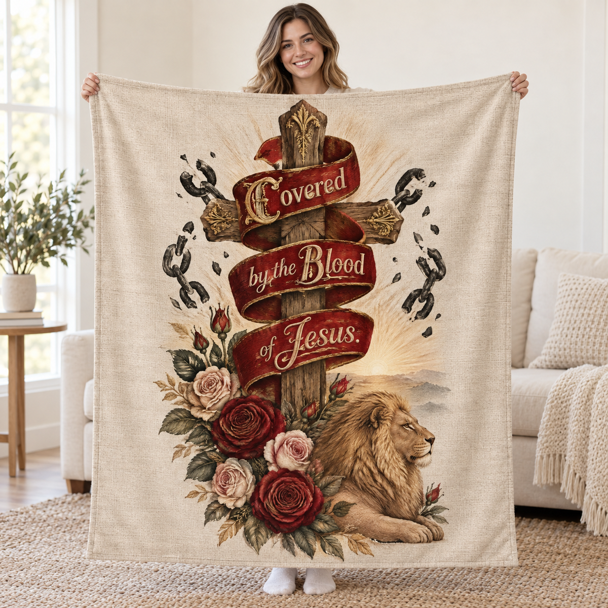 Covered by the Blood of Jesus. blanket, held open