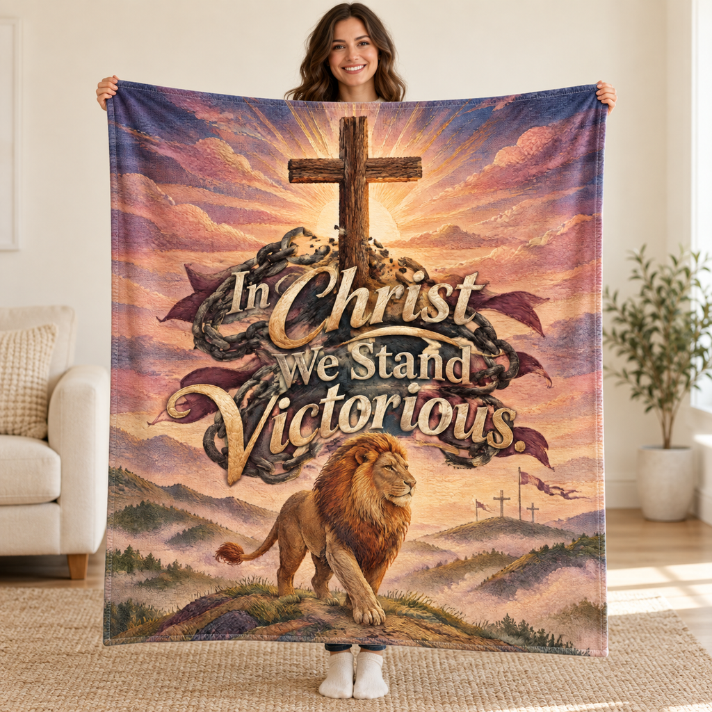 In Christ We Stand Victorious. blanket, held open