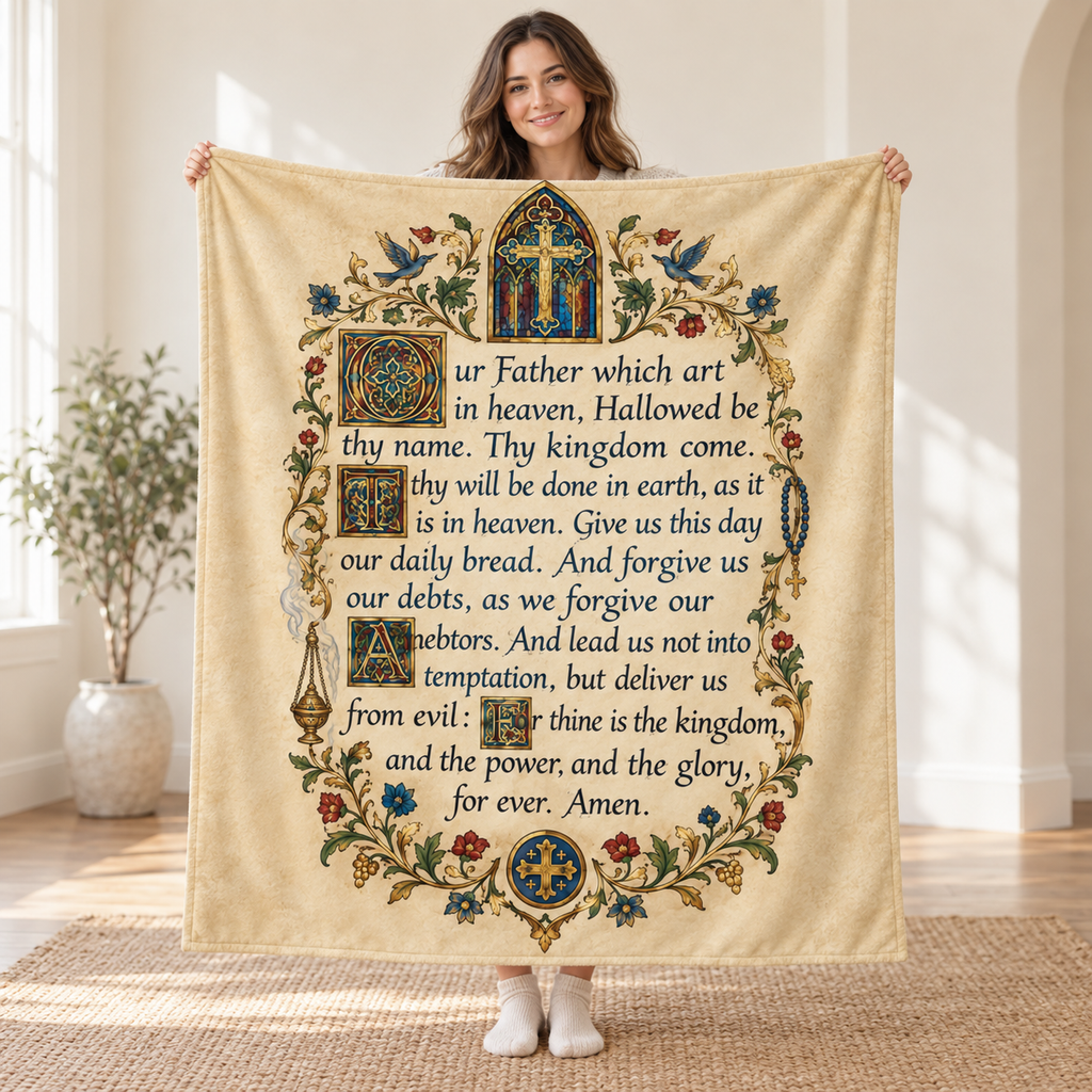 Our Father Which Art in Heaven blanket, held open