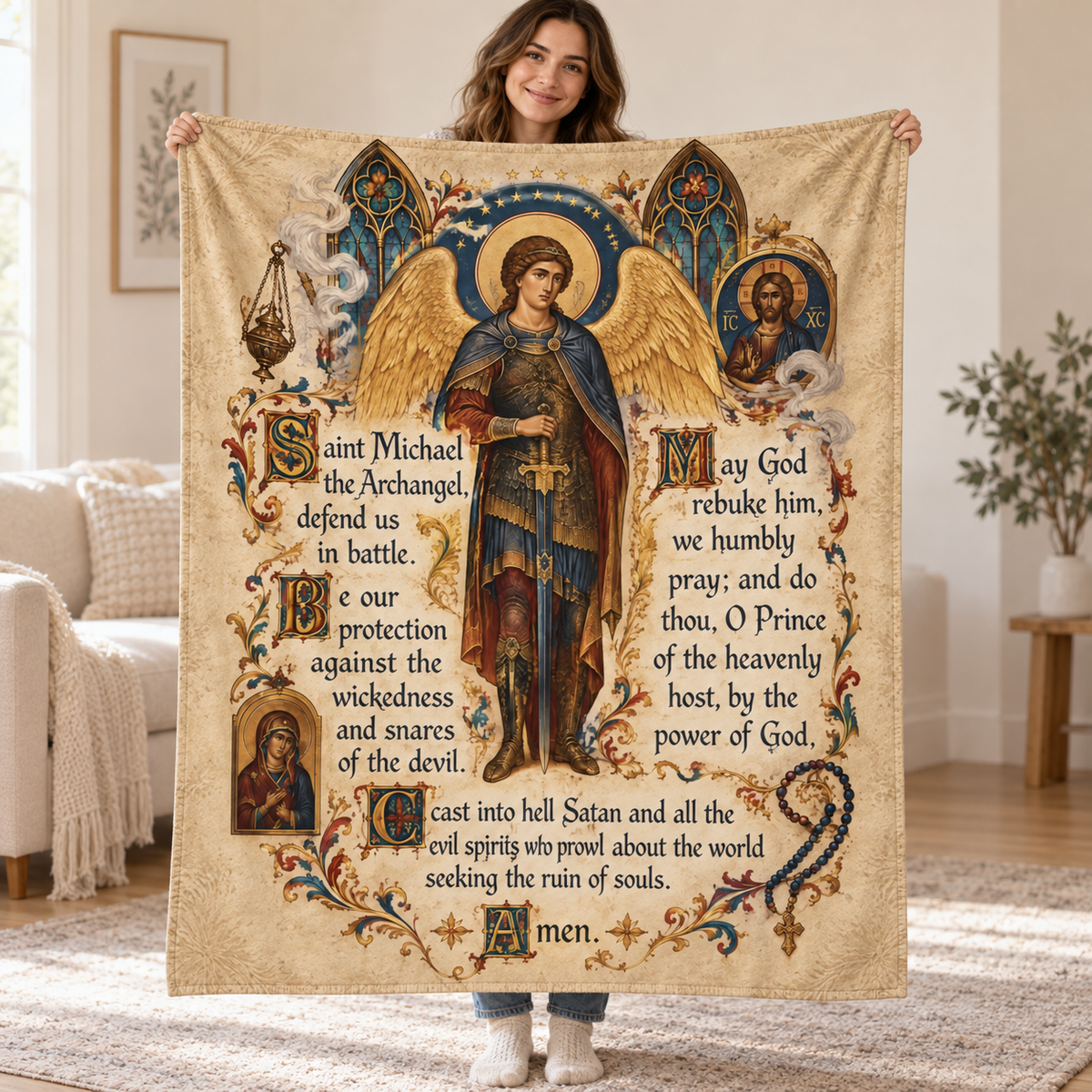 Saint Michael the Archangel, Defend Us in Battle blanket, held open
