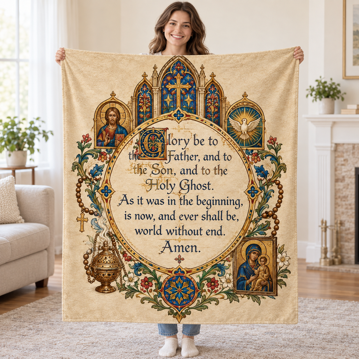 Glory Be to the Father, and to the Son, and to the Holy Ghost blanket, held open