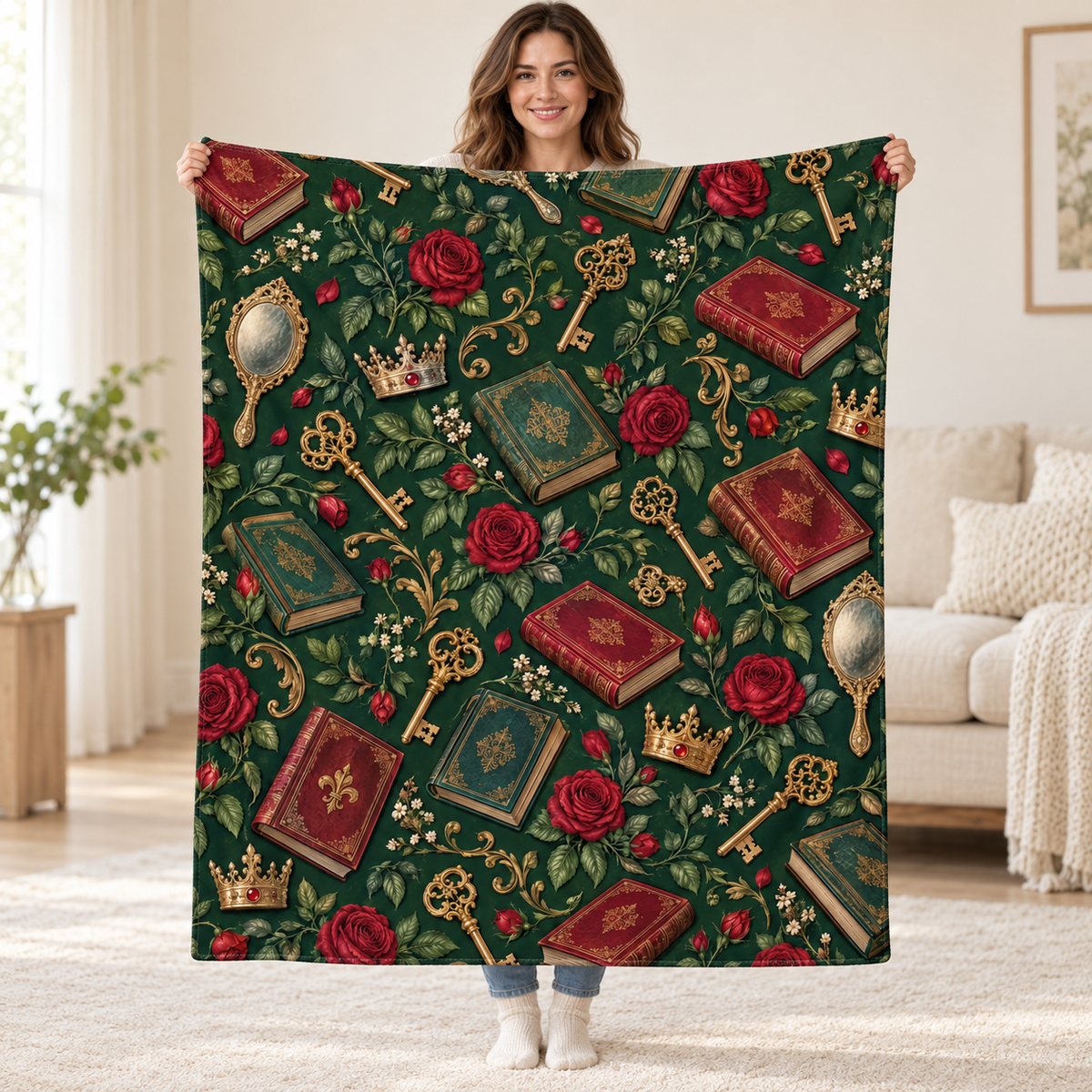 Enchanted Keys and Roses blanket, held open