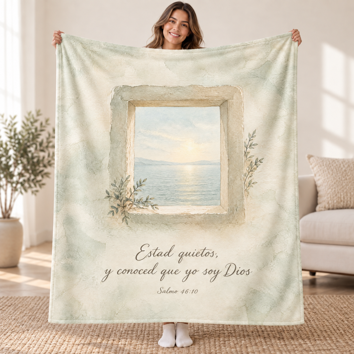 Estad quietos,
y conoced que yo soy Dios blanket, held open