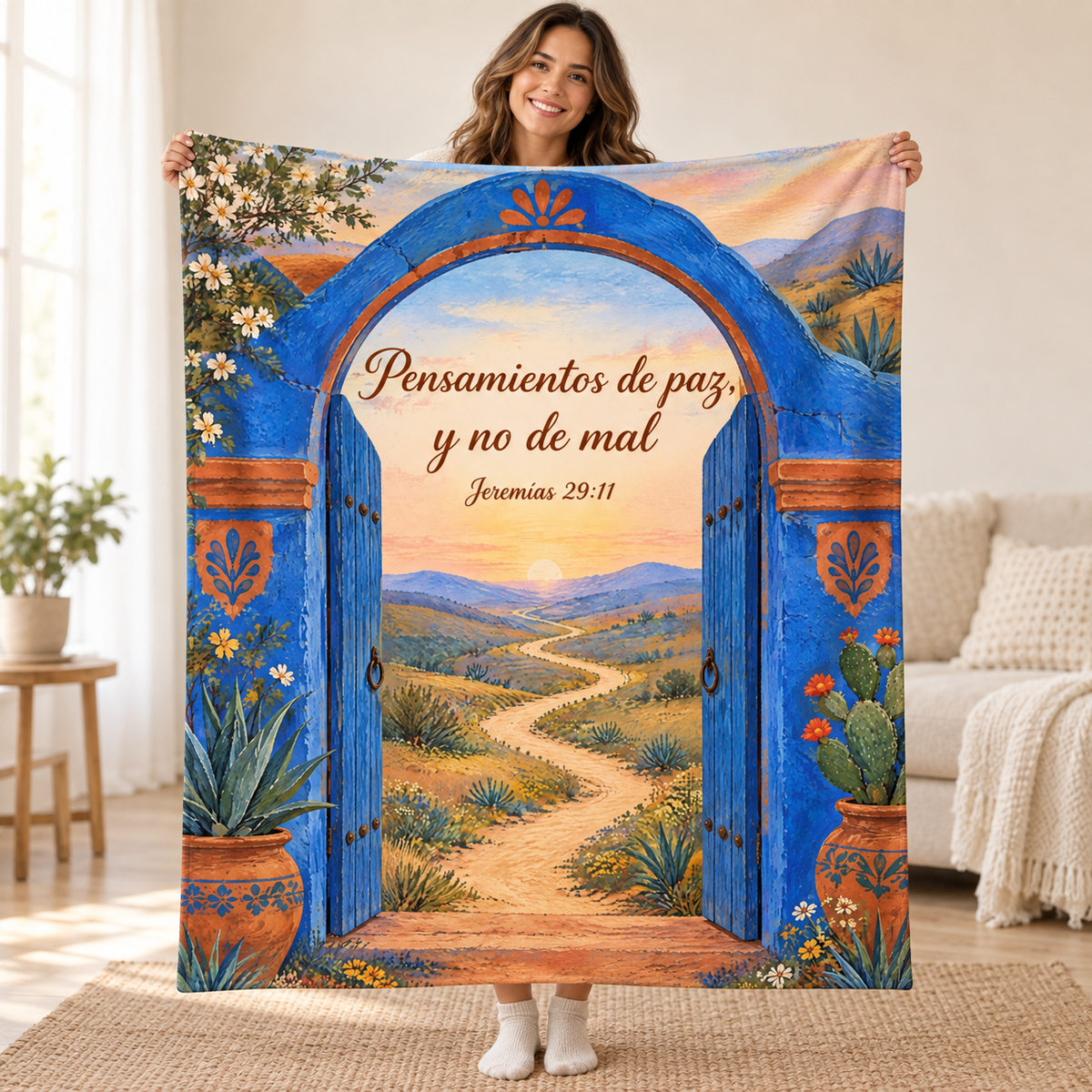 Pensamientos de paz,
y no de mal blanket, held open
