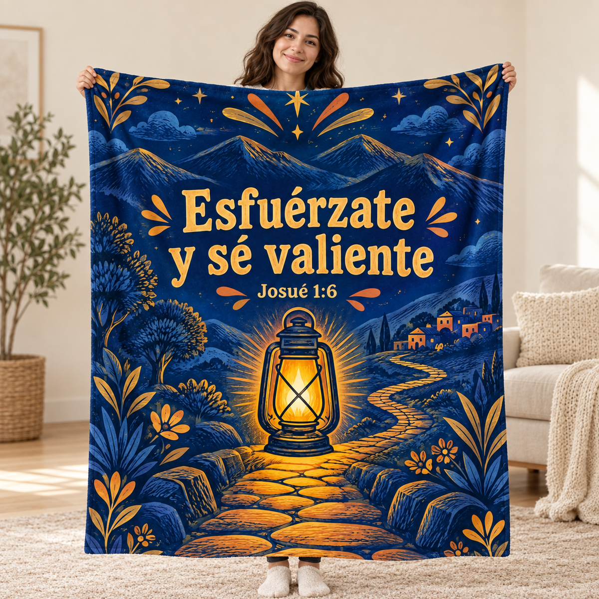 Esfuérzate
y sé valiente blanket, held open
