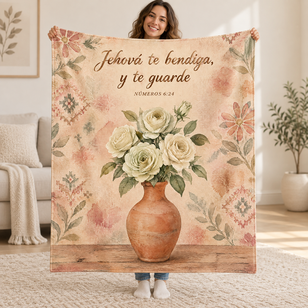 Jehová te bendiga,
y te guarde blanket, held open