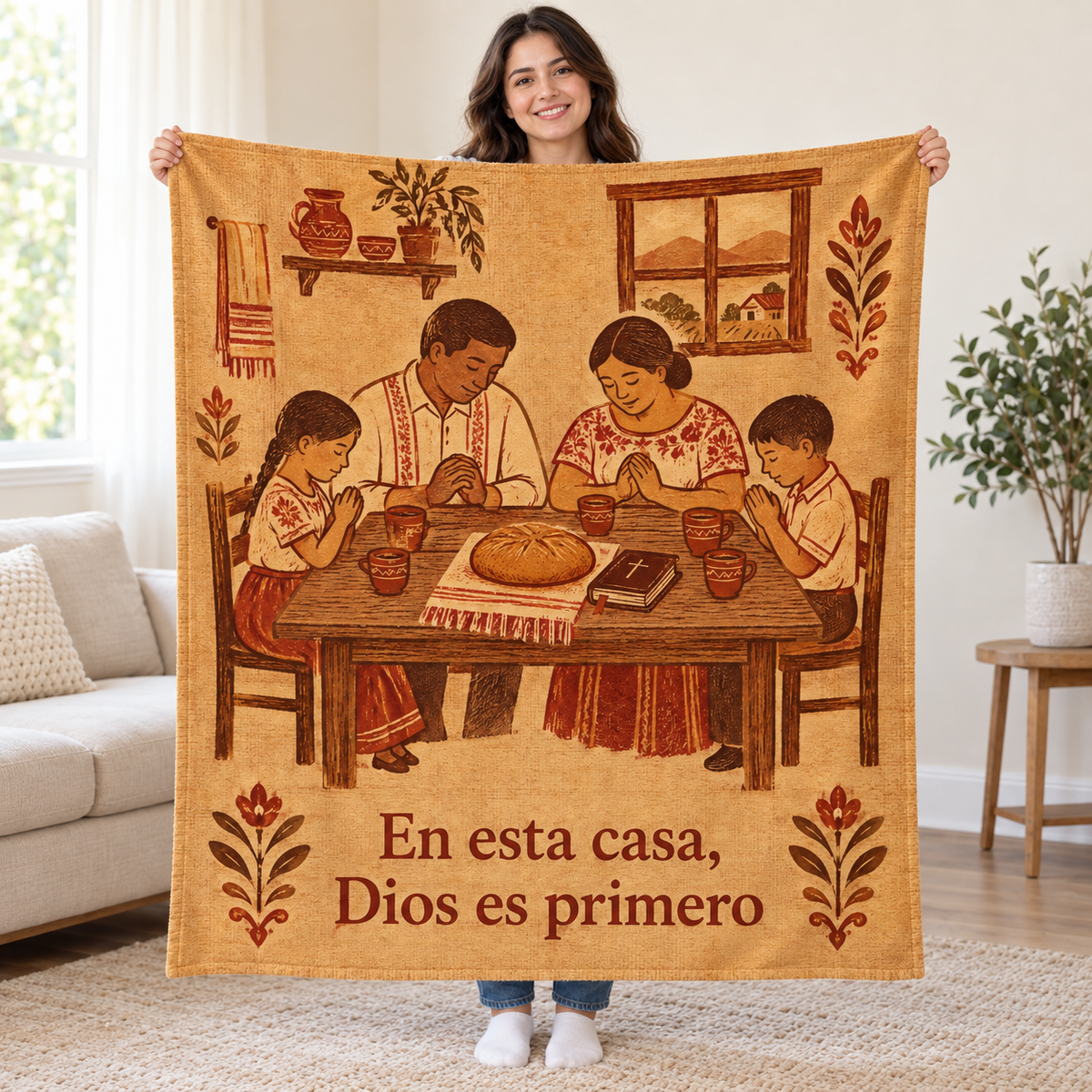 En esta casa,
Dios es primero blanket, held open