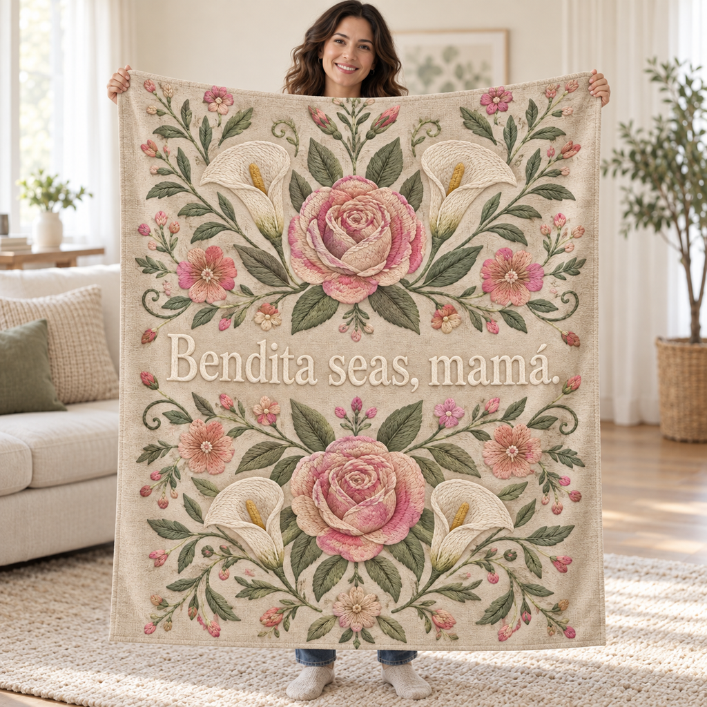 Bendita seas, mamá. blanket, held open