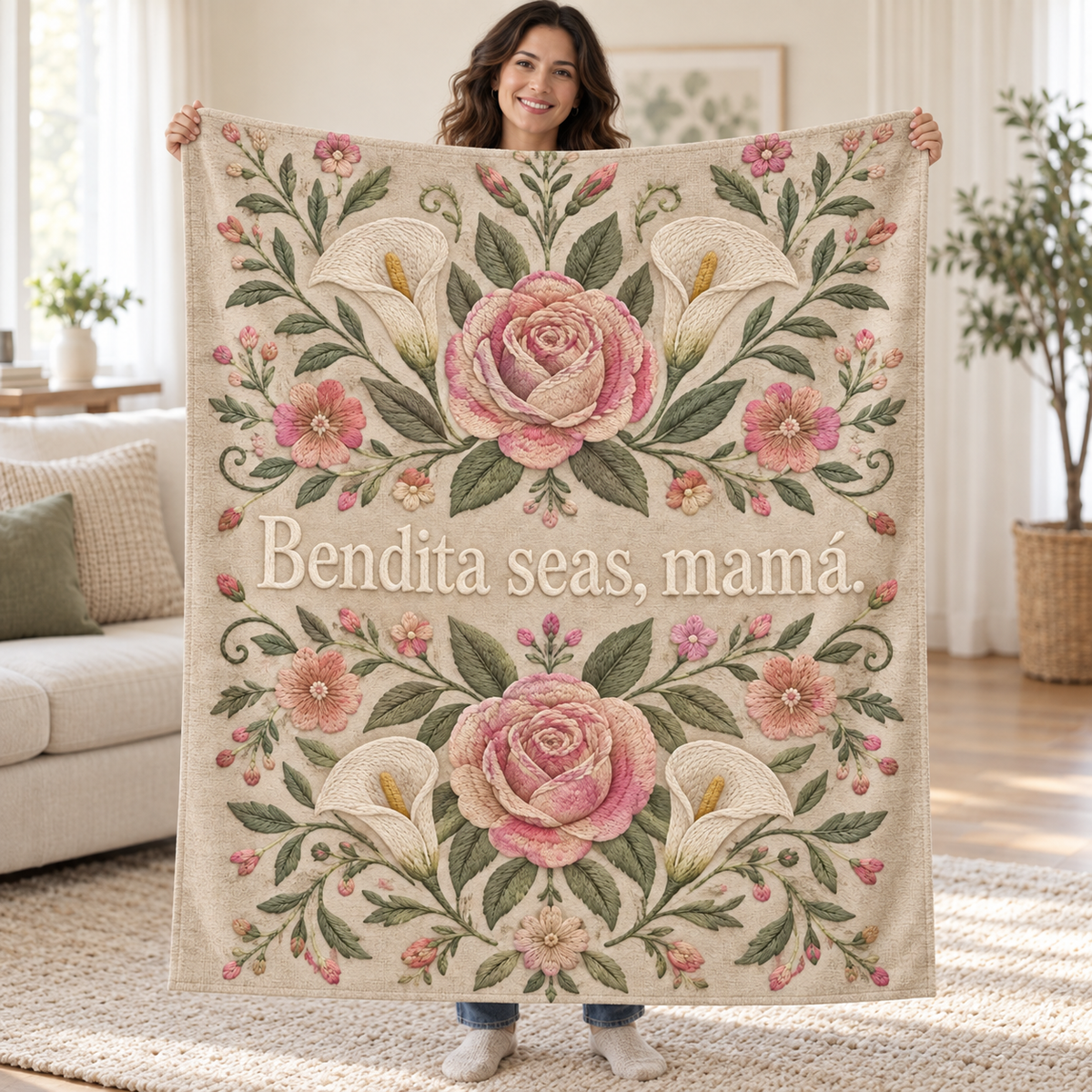 Bendita seas, mamá. blanket, held open