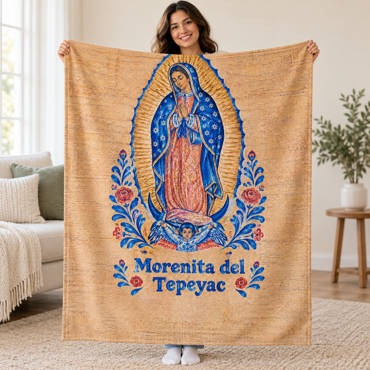 Morenita del
Tepeyac blanket, held open