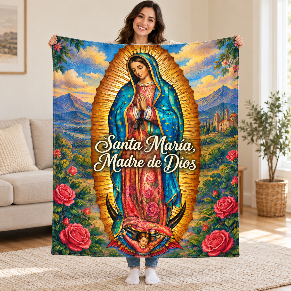 Santa María,
Madre de Dios blanket, held open