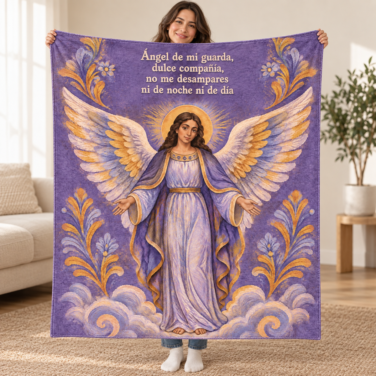 Ángel de mi guarda,
dulce compañía,
no me desampares
ni de noche ni de día blanket, held open