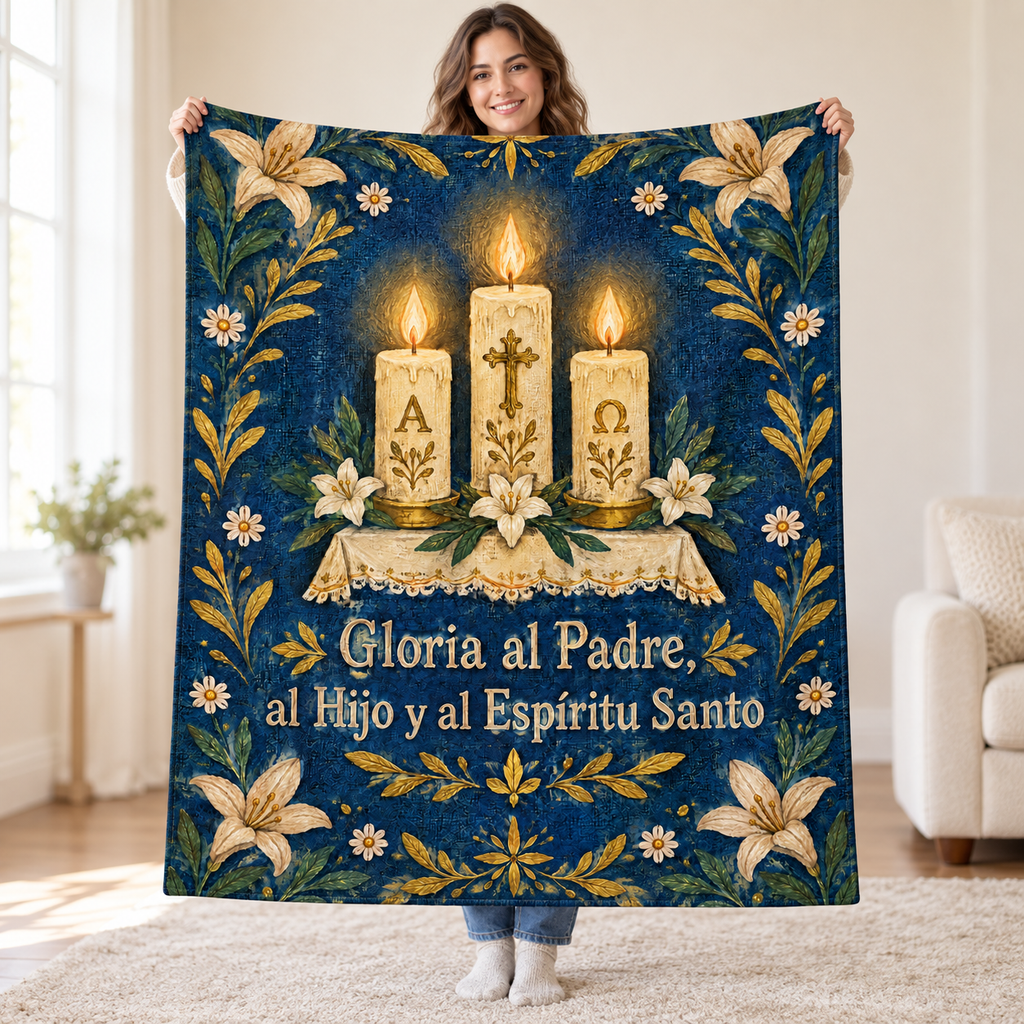 Gloria al Padre,
al Hijo y al Espíritu Santo blanket, held open