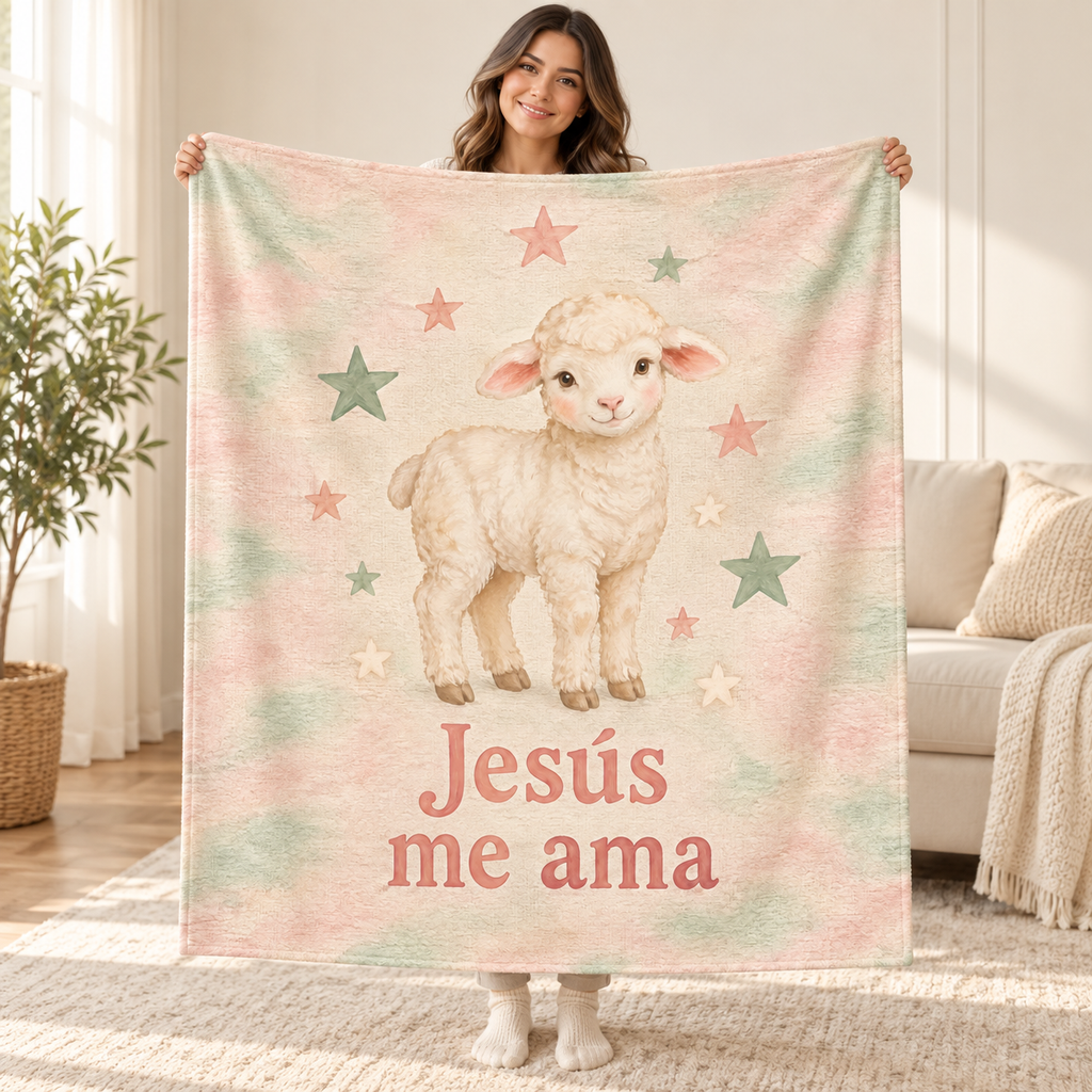 Jesús
me ama blanket, held open