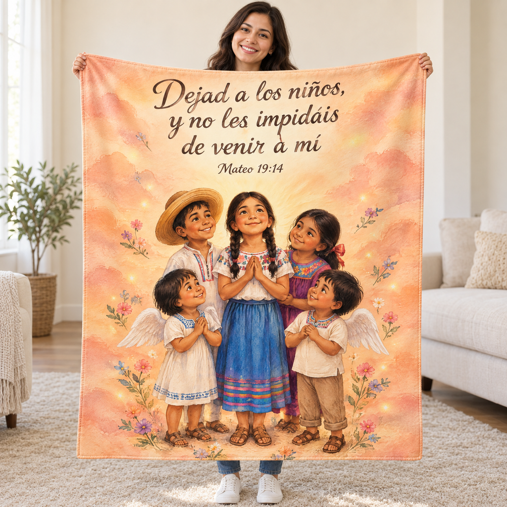 Dejad a los niños,
y no les impidáis
de venir a mí blanket, held open
