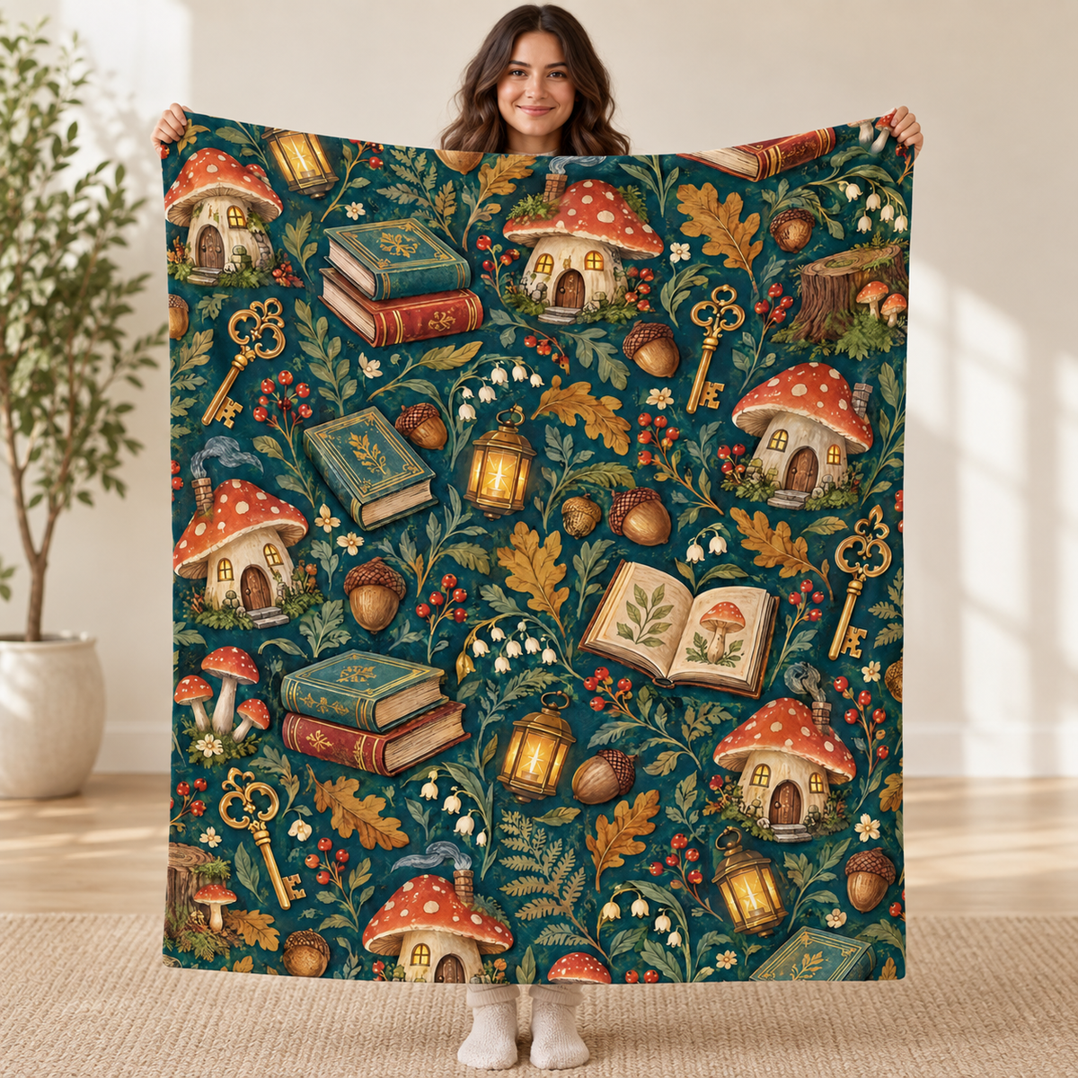 Woodland Story Keys blanket, held open