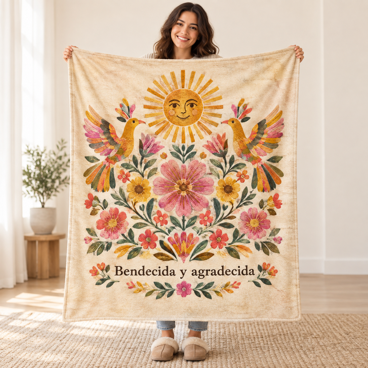 Bendecida y agradecida blanket, held open