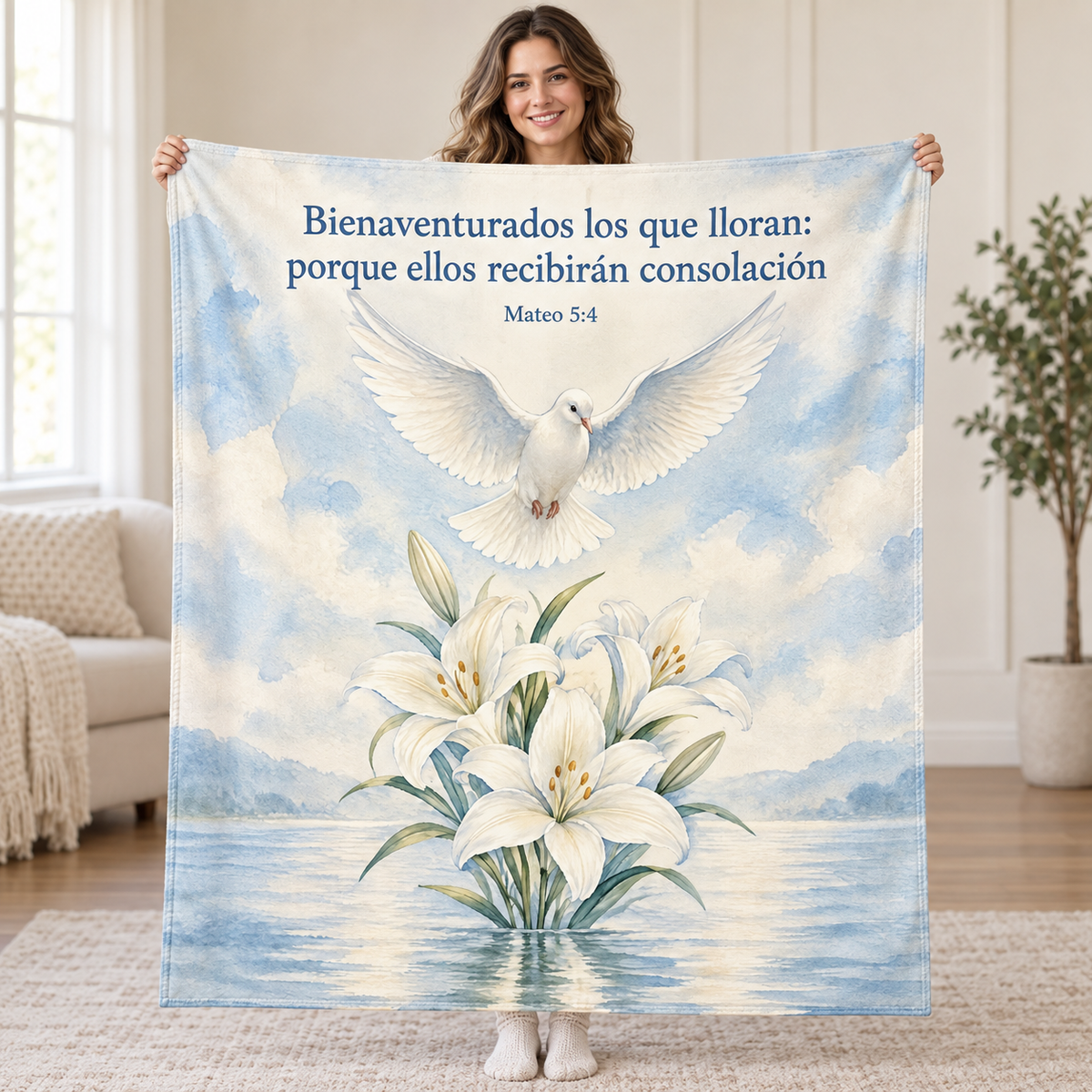 Bienaventurados los que lloran:
porque ellos recibirán consolación blanket, held open