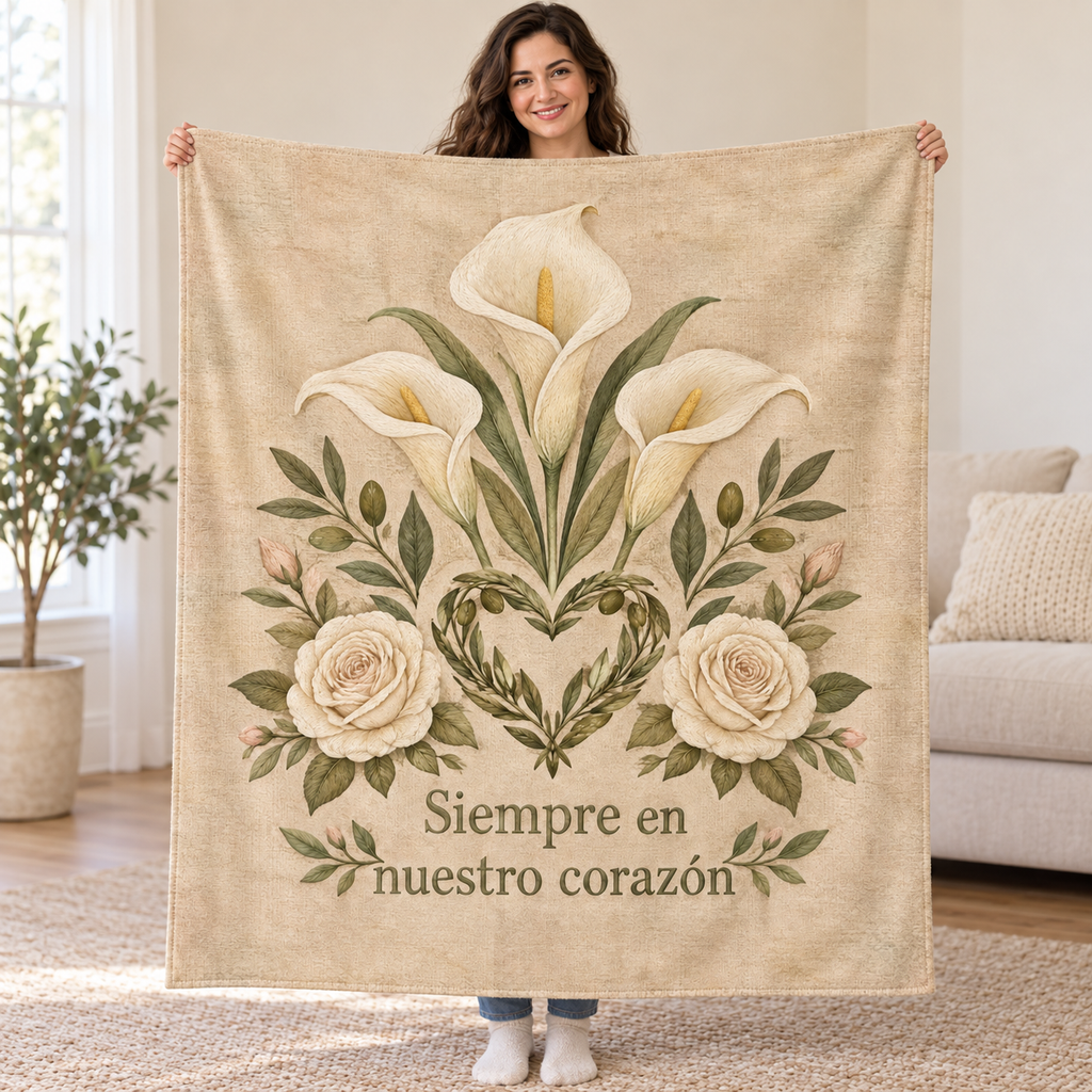 Siempre en
nuestro corazón blanket, held open