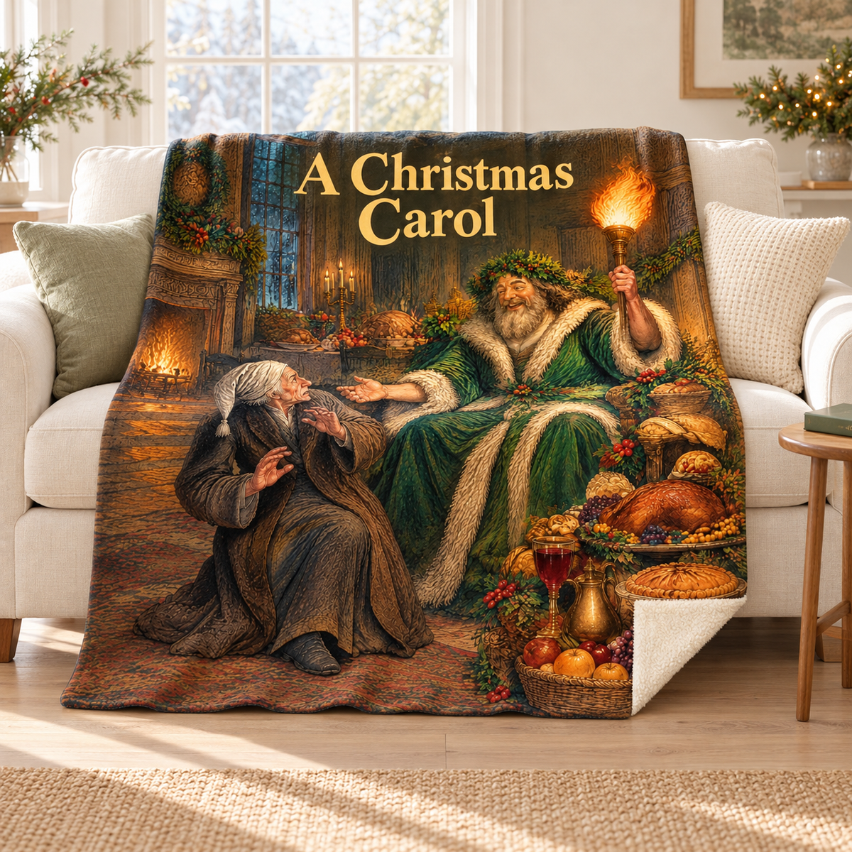 A Christmas Carol blanket, on a sofa