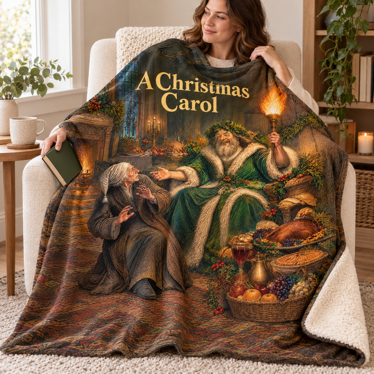 A Christmas Carol blanket, wrapped around a reader
