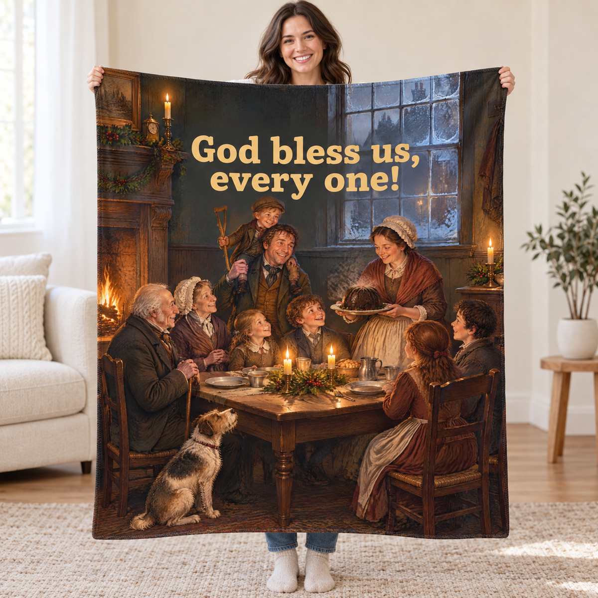 God bless us, every one! blanket, held open