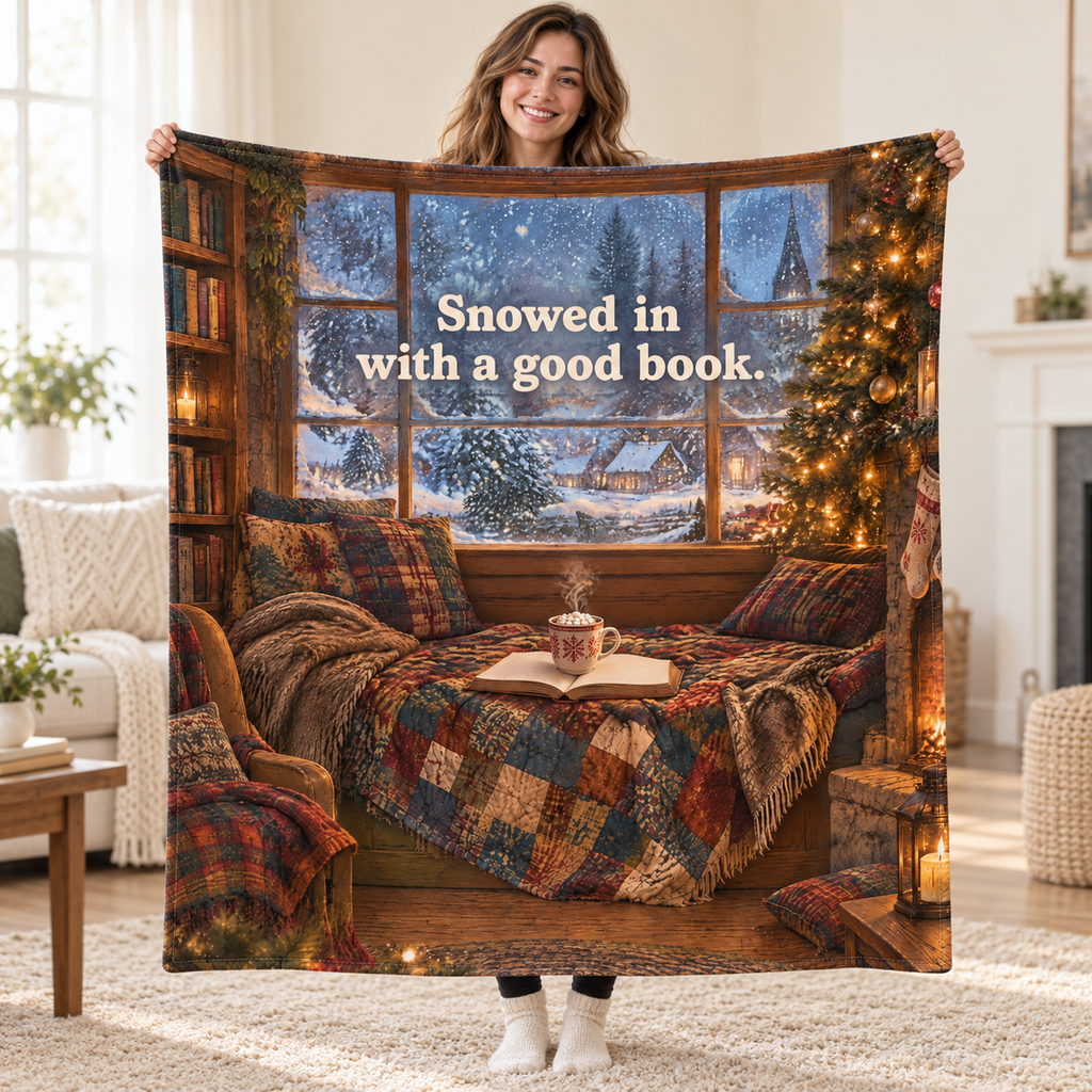 Snowed in with a good book. blanket, held open