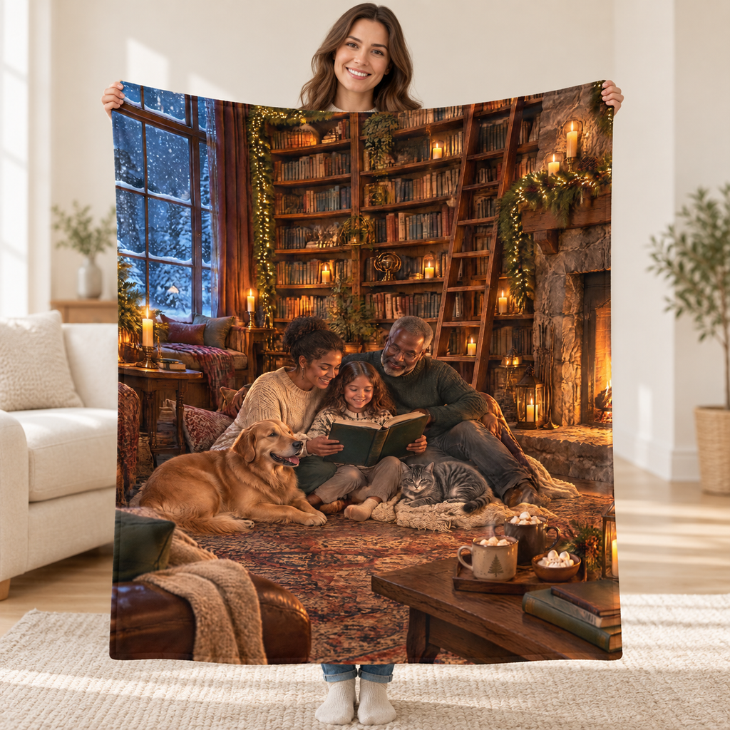 Christmas Library blanket, held open