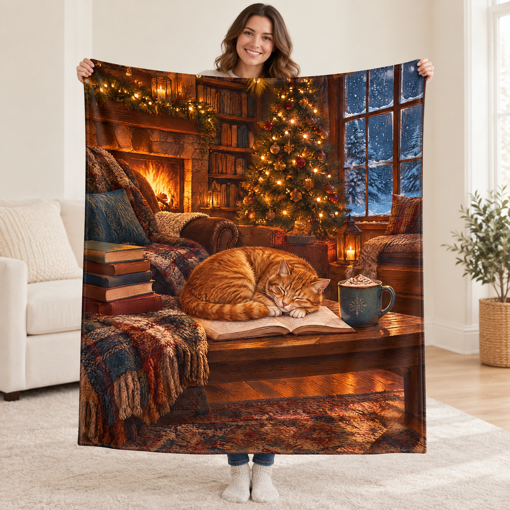 Ginger Cat Christmas blanket, held open
