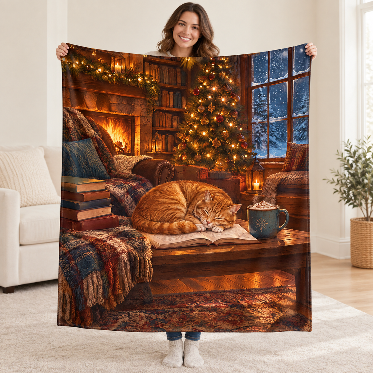 Ginger Cat Christmas blanket, held open