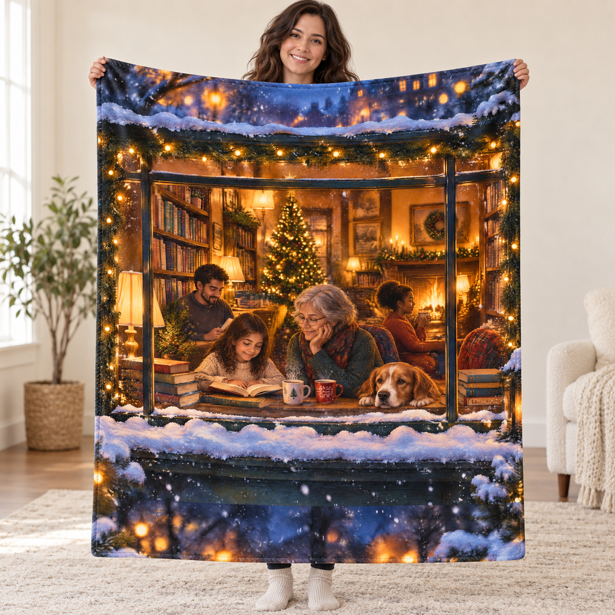 Christmas Eve Bookshop blanket, held open