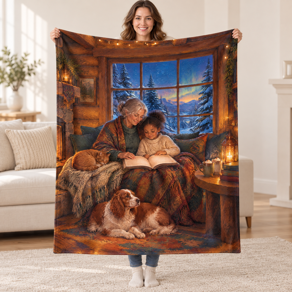 Cabin Reading Nook blanket, held open