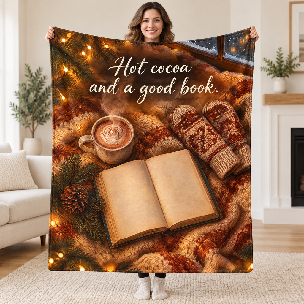 Hot cocoa and a good book. blanket, held open