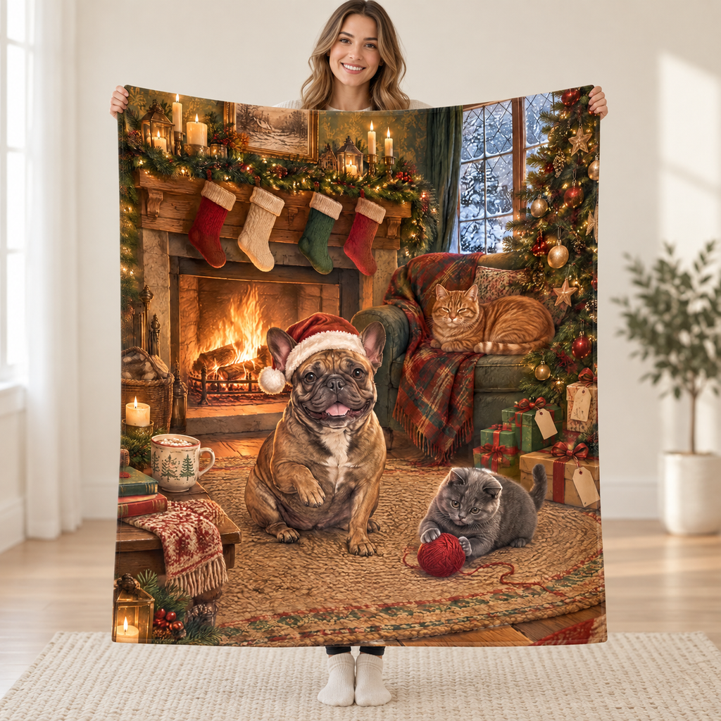Frenchie Fireside blanket, held open