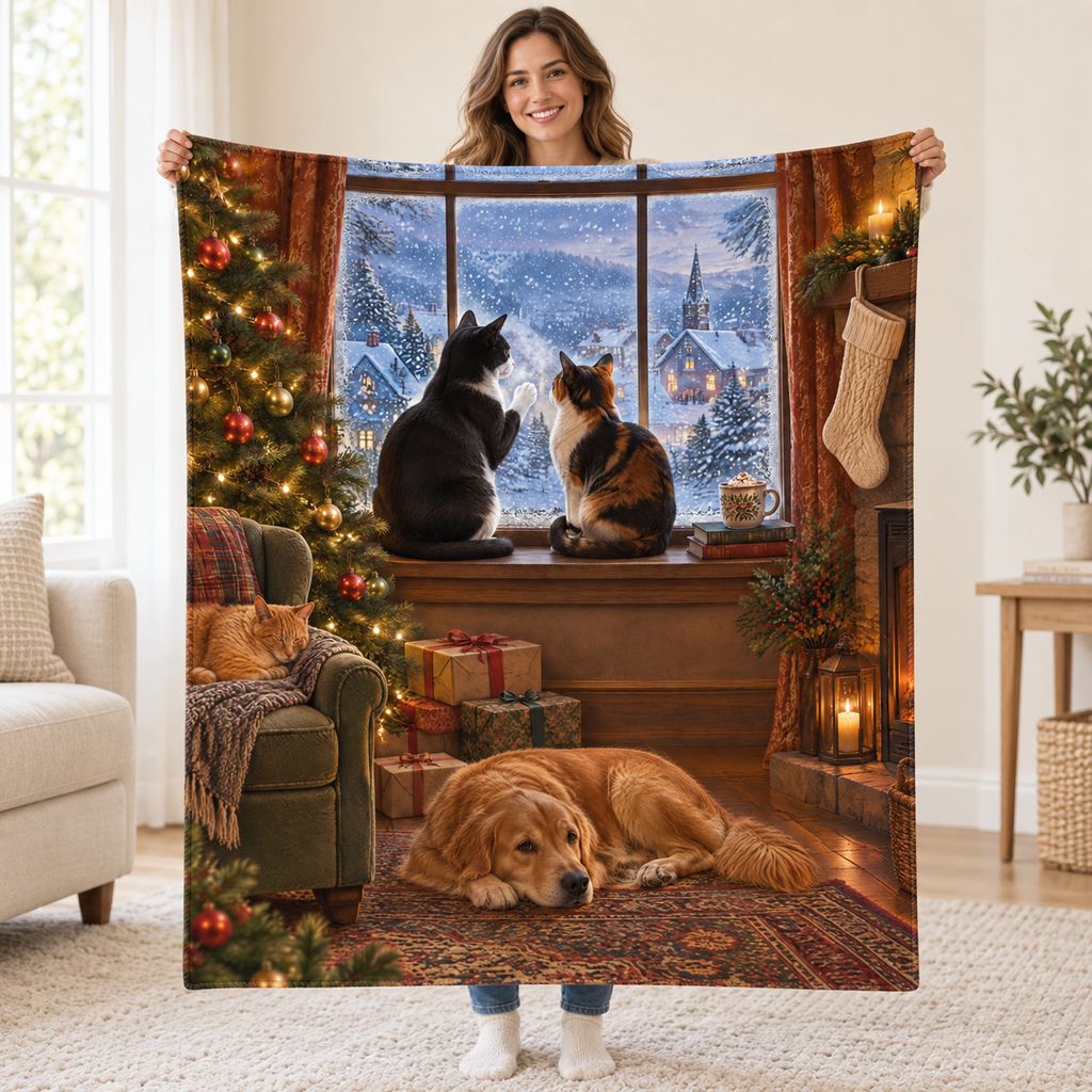 Snow Watching Cats blanket, held open
