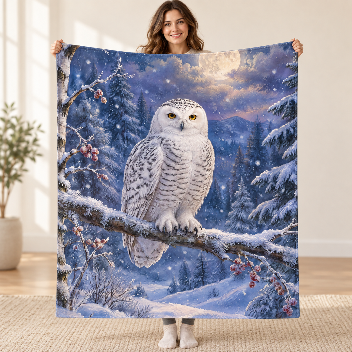 Moonlit Snowy Owl blanket, held open