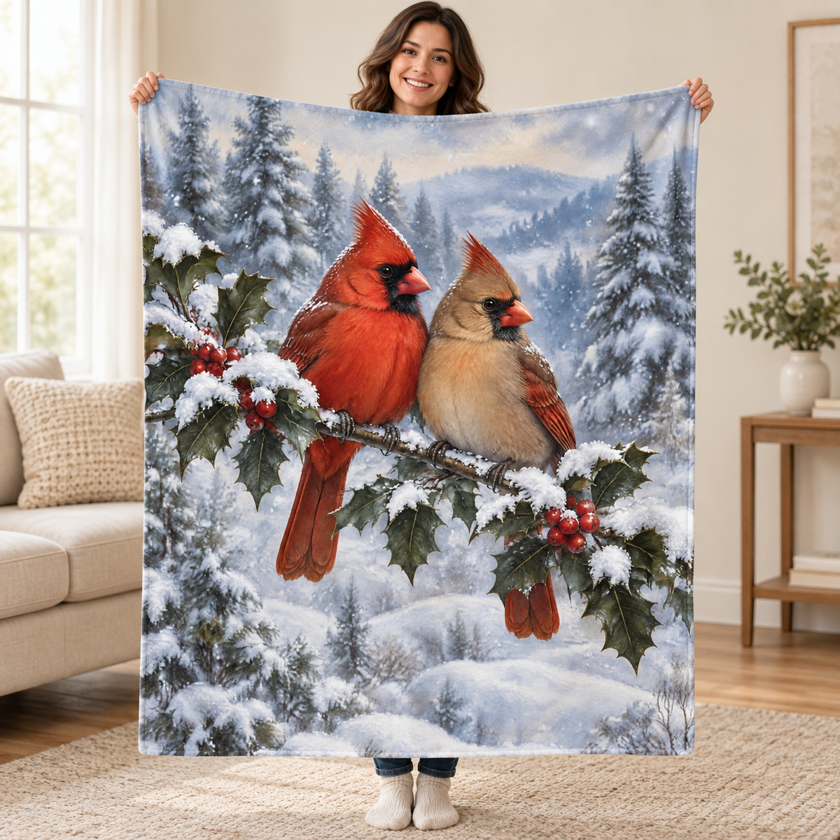 Holly Cardinals blanket, held open