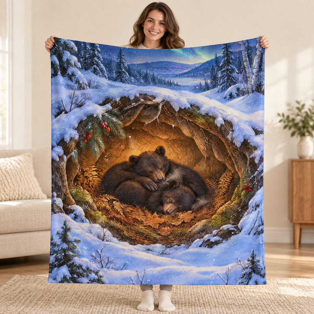 Cozy Bear Den blanket, held open