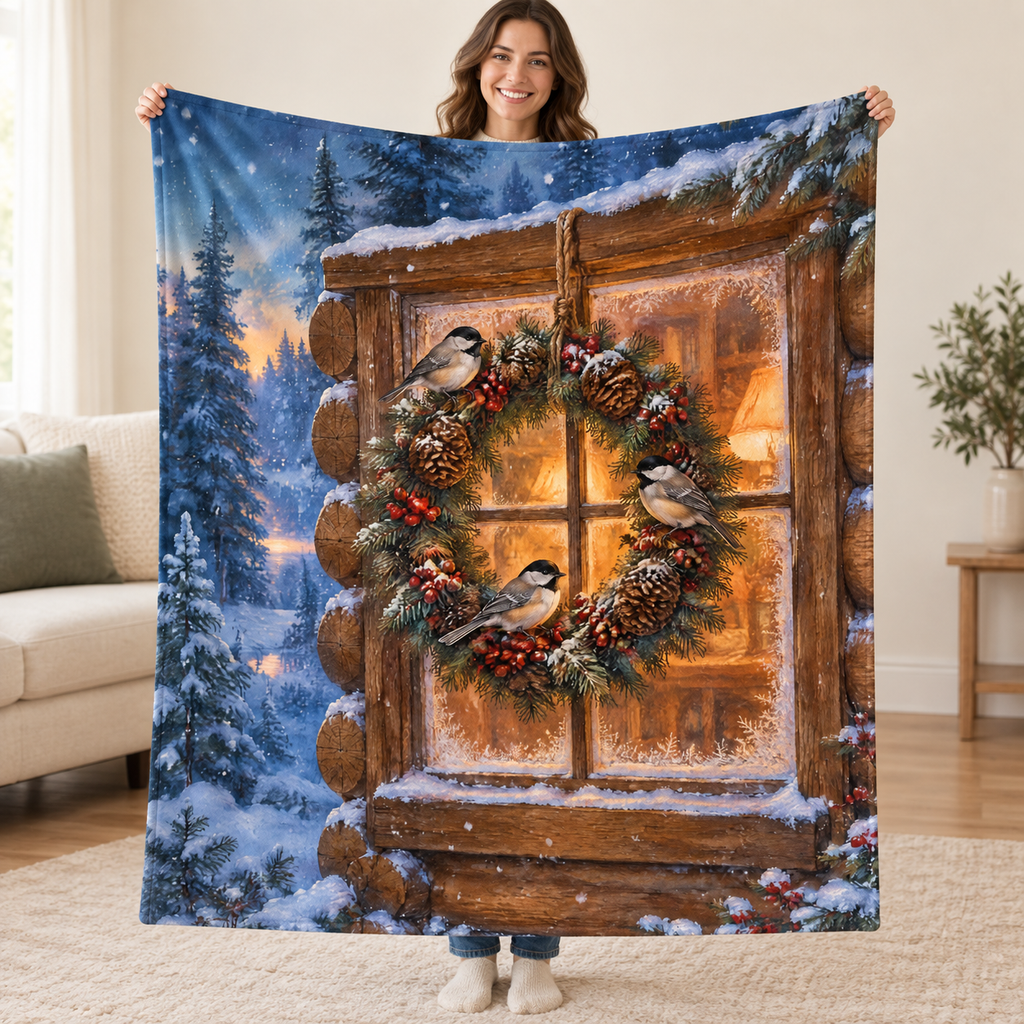 Cabin Chickadees blanket, held open