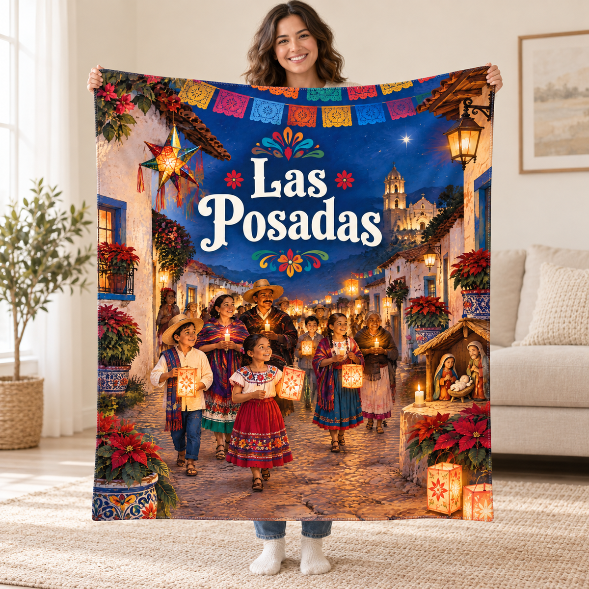 Las Posadas blanket, held open