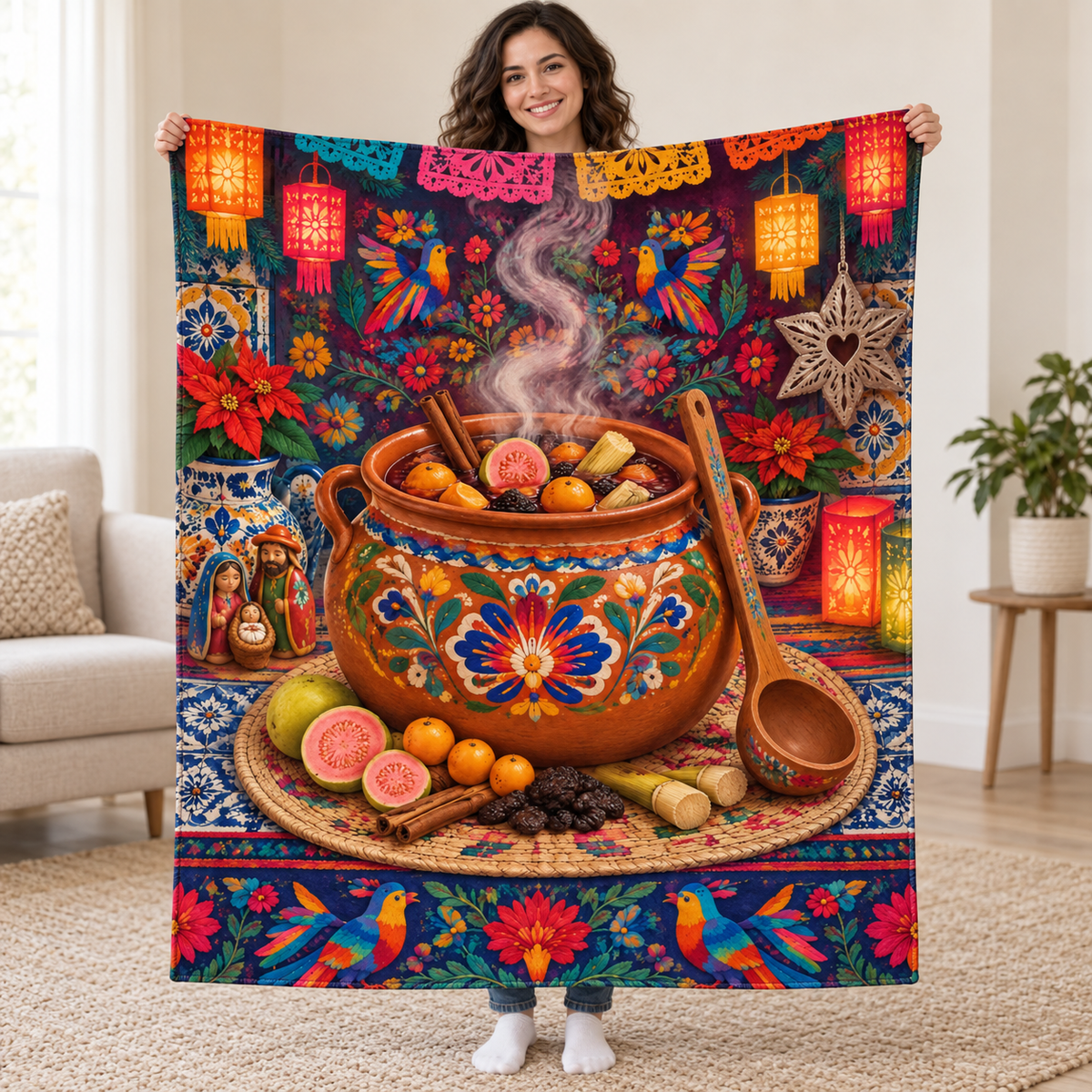 Ponche Navideño blanket, held open